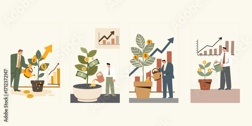 Flat minimalist digital illustration of businessmen watering money plants, symbolizing investment growth, financial success, profit, savings, and business development.
