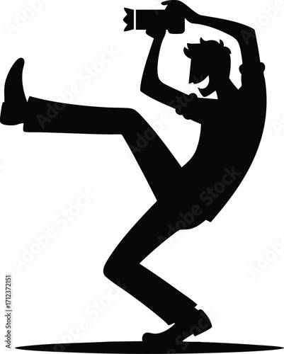 Black silhouette of a funny young photographer with a camera vector illustration isolated on a white background