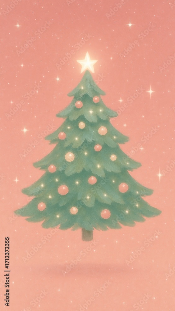 Fototapeta premium [floating christmas tree in pastel red sky with subtle sparkles and gentle shine mobile wallpaper]