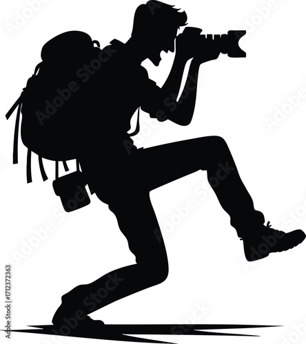Black silhouette of a funny young photographer with a camera vector illustration isolated on a white background