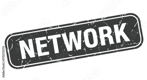 A distressed, grunge-style rectangular sign with rounded corners, displaying the word "NETWORK" in white capital letters against a black background.