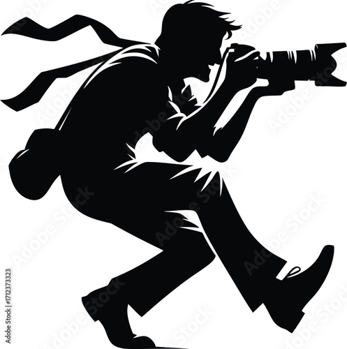 Black silhouette of a funny young photographer with a camera vector illustration isolated on a white background