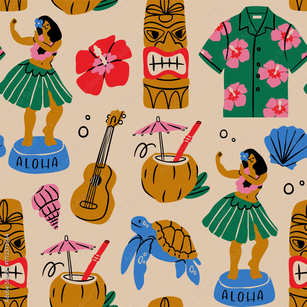 Naklejka premium Various Hawaiian tropical symbols. Hula dancer, tiki statue, exotic flower, sea turtle, ukulele guitar, coconut cocktail, shirt, shells. Hand drawn Vector illustration. Square seamless Pattern