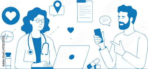Vector art of doctor consulting with patient online