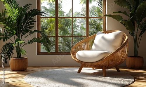Tranquil room with wicker chair and tropical view