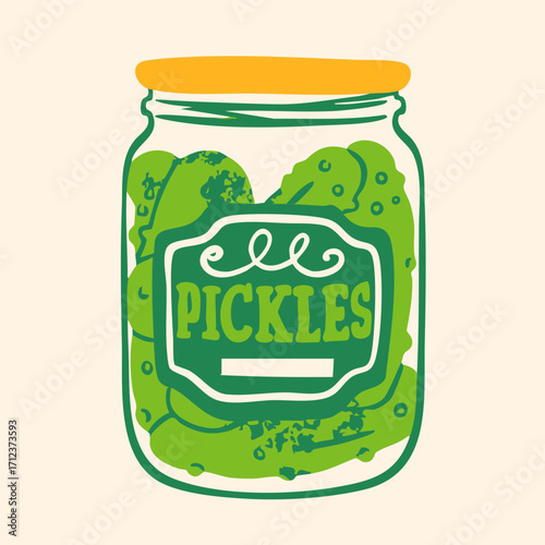 Pickles in a jar. Tasty green cucumbers. Whole pickled cucumbers. Fermented, marinated healthy vegetables. Hand drawn trendy Vector illustration. Isolated design element. Logo, sticker, print template