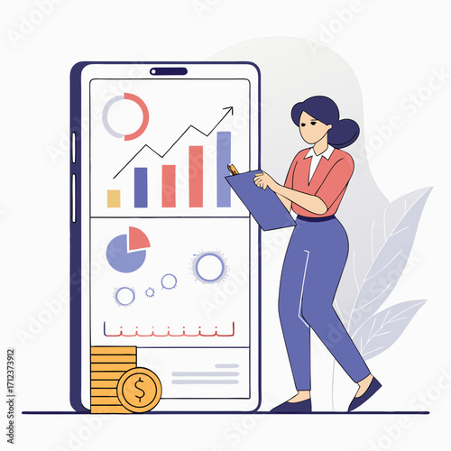 Female analyst with clipboard standing beside large smartphone screen showing financial charts, graphs, and coins on abstract background. Concept of mobile finance. Vector .