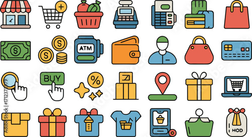 Vector art of collection of shopping and ecommerce icons with colorful design