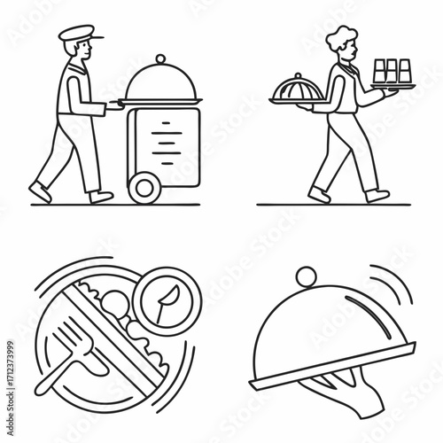 Catering line icons set. Simple symbols with restaurant menu, waiter, dish, cutlery and delivery service. Editable stroke. Outline vector illustration .