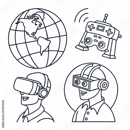 Metaverse line icon set. Minimalistic stickers with virtual reality, modern technologies and innovative gadgets. Futuristic world. Cartoon flat vector .
