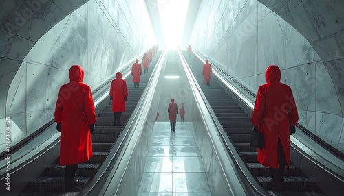 Red-coated figures ascend futuristic escalators