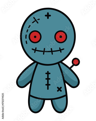 Cute Voodoo Doll with Red Eyes and Pin - Halloween Vector Illustration