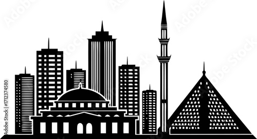 High resolution black and white city skyline silhouette illustration for graphic design projects