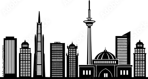 High resolution black and white city skyline silhouette with architectural detail and subtle color accents