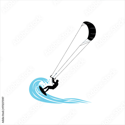 Dynamic kite surfer riding a wave with splashing water and kite in action vector