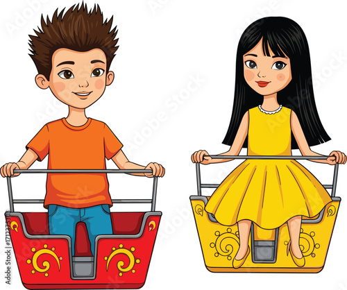 Children enjoying amusement park ride, cartoon kids sitting on colorful seats, fun fair attraction, playful illustration, happy childhood entertainment, vector art