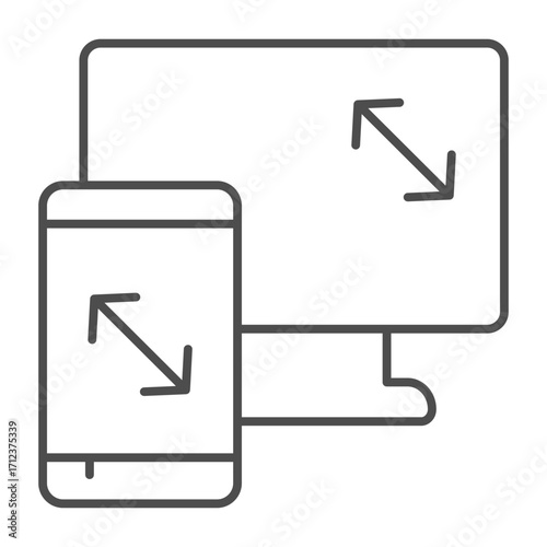 Large monitor screen, smartphone screen thin line icon, technology and electronics concept, tv and phone sign on white background, outline style icon for mobile and web design. Vector graphics.