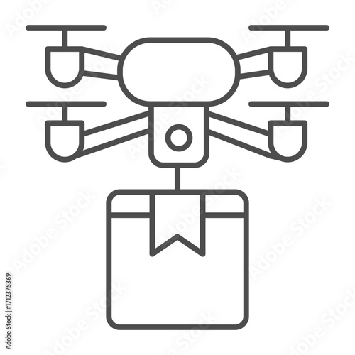 Drone for transporting goods thin line icon, transportation device concept, copter and package delivery sign on white background, outline style icon for mobile and web design. Vector graphics.