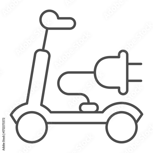 Electric scooter, plug and wire thin line icon, recharging electric transportation concept, smart vehicle sign on white background, outline style icon for mobile and web design. Vector graphics.