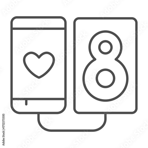 Speaker and smartphone with heart thin line icon, music listening concept, portable sound system, phone sign on white background, outline style icon for mobile and web design. Vector graphics.