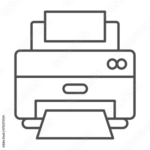 Desktop laser printer with paper thin line icon, office equipment concept, PC inkjet printing machine sign on white background, outline style icon for mobile and web design. Vector graphics.