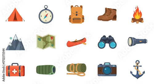 Collection of Outdoor Adventure and Camping Gear Icons.