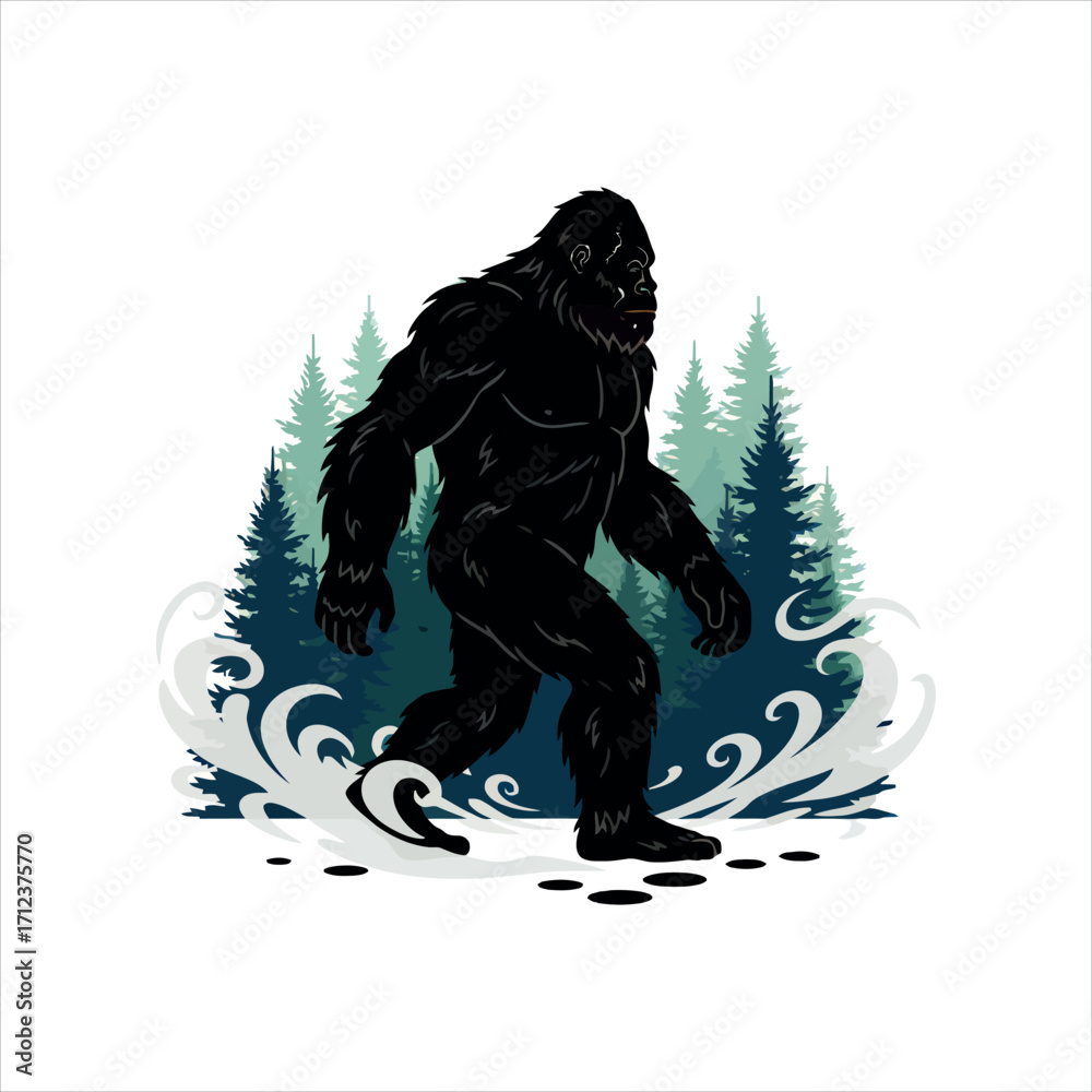 Obraz premium Mysterious bigfoot silhouette running through snow-covered evergreen forest capturing cryptid folklore and wilderness adventure vector