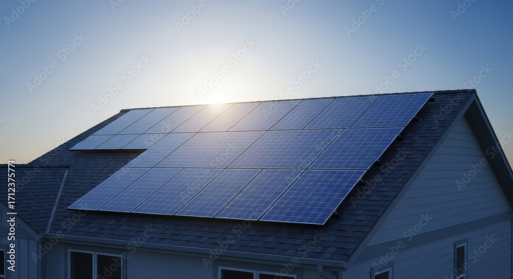 Fototapeta premium Solar panels installed on a residential roof, capturing sunlight during sunset, showcasing renewable energy technology and sustainable living practices for eco-friendly homes