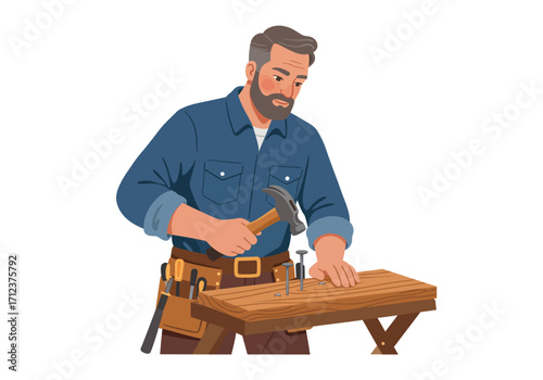 A man with a beard hammers nails into a wooden board