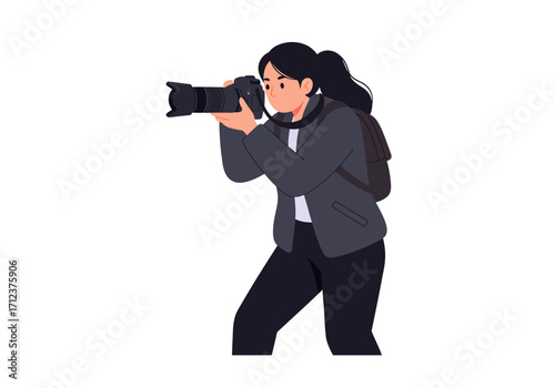 A woman with a ponytail takes a photo with a large camera