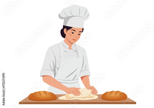 Baker in chefs hat kneading dough with two loaves of bread