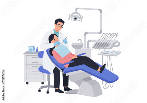 Dentist examining a patients teeth in a dental chair