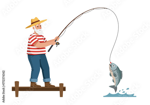 Fisherman on a pier reels in a fish jumping from water