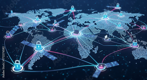 Global network security with world map background showing connected devices and padlocks for protection ai generated
