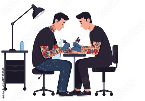 Two tattooed men tattooing each other in a brightly lit room