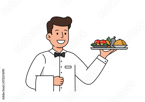 Waiter with bow tie serving food on a tray
