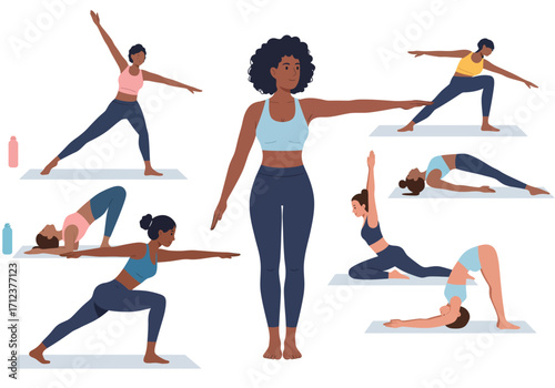 Women in various yoga poses on mats