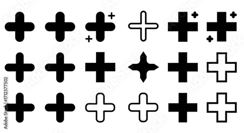 Variety of plus sign icons design, various styles for mathematical concepts