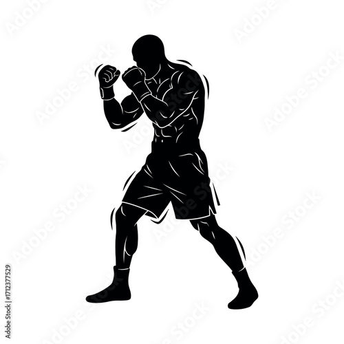 Dynamic silhouette of a boxer in fighting stance ready for combat powerful athletic figure in action capturing the intensity of the sport vector