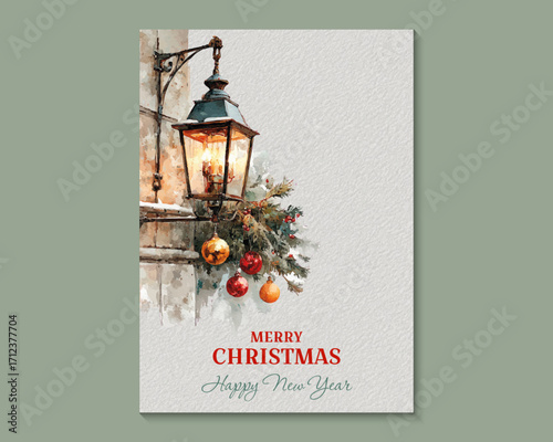 Watercolor Christmas card with vintage lantern glowing warm light, decorated with fir branches, red ornaments and snow, festive holiday street scene. Vector illustration.