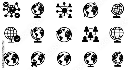 Collection of Global Connection and Communication Icons, Representing Worldwide Networks
