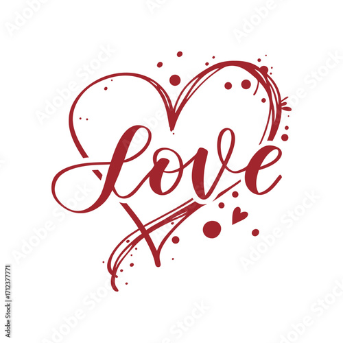 Elegant 'love' script font adorned with a textured heart and romantic splatters perfect for valentine's day and declarations of affection vector