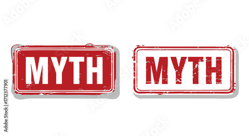 Two rectangular signs, one solid red and one outlined in red, both displaying the word "MYTH" in white capital letters.