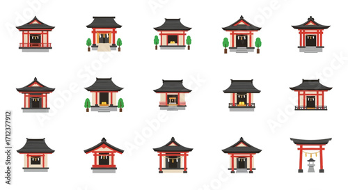 Collection of Traditional Japanese Shinto Shrines and Torii Gates.