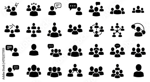 Collection of black and white people icons representing community and teamwork