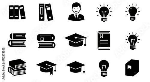 Educational Icons Set Featuring Books, Graduation Caps, and Light Bulbs Symbols