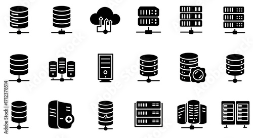 Collection of Vector Icons Representing Data Storage Servers and Cloud Networking