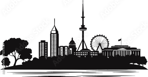 High resolution black and white city skyline silhouette with detailed buildings and architectural elements