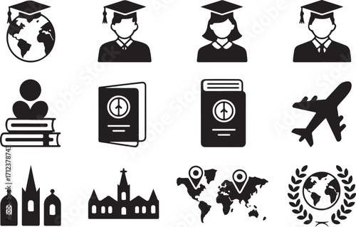 Global Education Icons Set for Study Abroad and International Travel