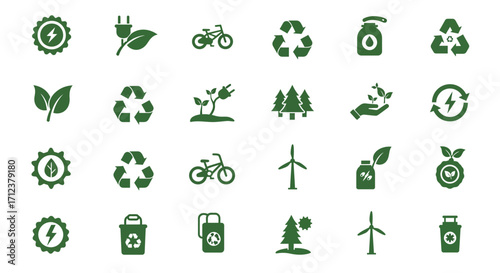 Collection of Green Eco-Friendly Icons Promoting Sustainability and Environmental Awareness